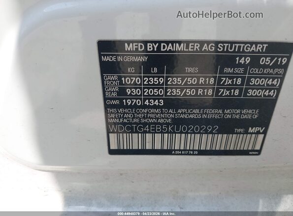 WDCTG4EB5KU020292 2019 MERCEDES-BENZ GLA 250 White Вид підкапотного простору