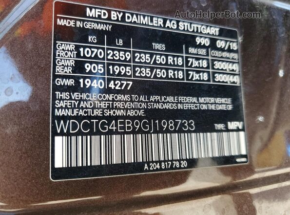 WDCTG4EB9GJ198733 2016 MERCEDES-BENZ GLA Brown VIN sticker view