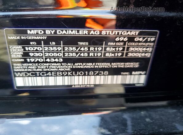 WDCTG4EB9KU018738 2019 MERCEDES-BENZ GLA Black Engine compartment view