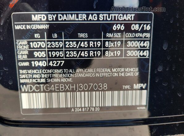 WDCTG4EBXHJ307038 2017 MERCEDES-BENZ GLA Черный Вид наклейки с VIN-кодом