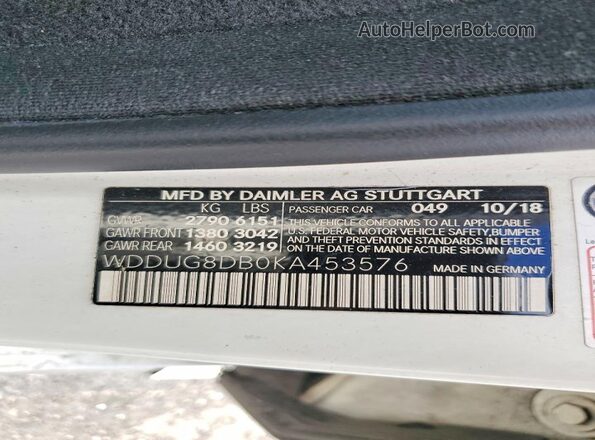 WDDUG8DB0KA453576 2019 MERCEDES-BENZ S White Widok naklejki z numerem VIN