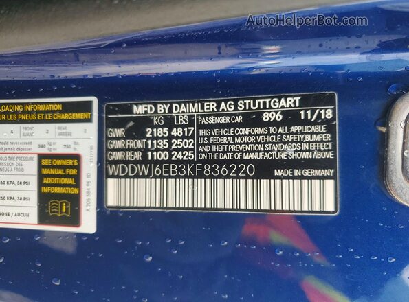 WDDWJ6EB3KF836220 2019 MERCEDES-BENZ C Blue Widok naklejki z numerem VIN