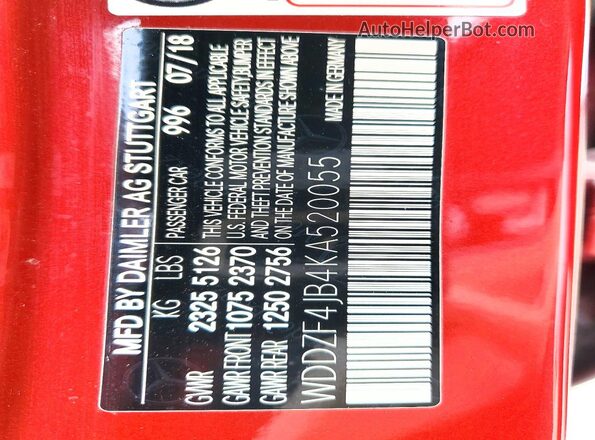 WDDZF4JB4KA520055 2019 MERCEDES-BENZ E Red Vista de la etiqueta del VIN