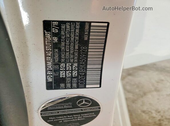 WDDZF4JB5KA509128 2019 MERCEDES-BENZ E Белый Вид наклейки с VIN-кодом