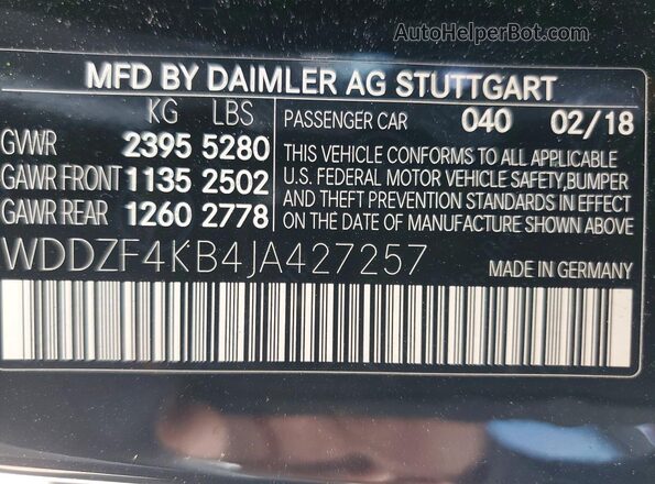 WDDZF4KB4JA427257 2018 MERCEDES-BENZ E Черный Вид наклейки с VIN-кодом