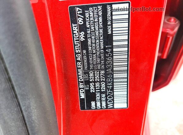 WDDZF4KB6JA336541 2018 MERCEDES-BENZ E Красный Вид наклейки с VIN-кодом