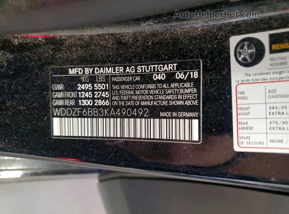 WDDZF6BB3KA490492 2019 MERCEDES-BENZ E Черный Вид наклейки с VIN-кодом