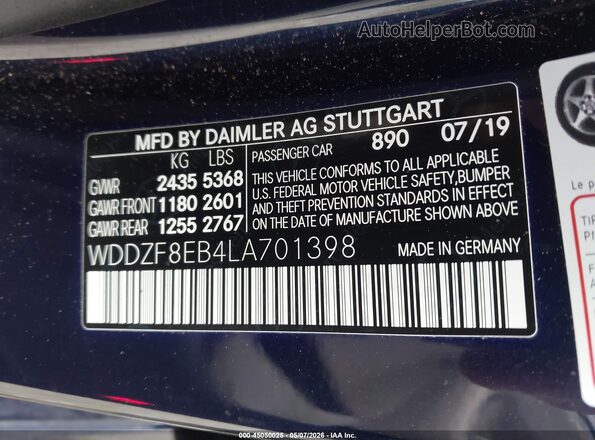 WDDZF8EB4LA701398 2020 MERCEDES-BENZ E-CLASS Dark Blue Вид подкапотного пространства