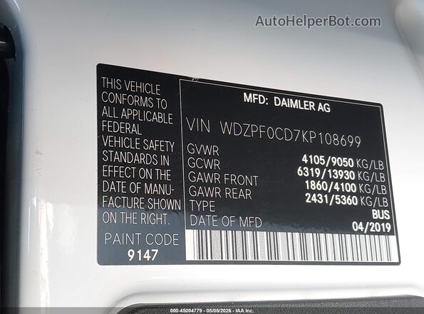 WDZPF0CD7KP108699 2019 MERCEDES-BENZ SPRINTER White Engine compartment view