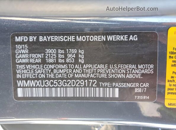 WMWXU3C53G2D29172 2016 MINI COOPER Серый Вид подкапотного пространства