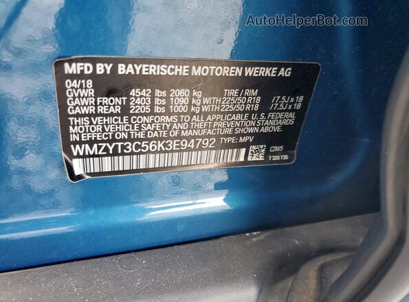 WMZYT3C56K3E94792 2019 MINI COOPER Blue Vista de la etiqueta del VIN
