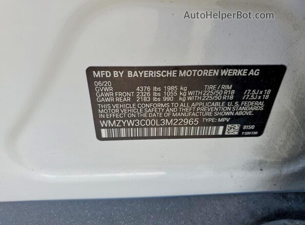 WMZYW3C00L3M22965 2020 MINI COOPER Белый Панорамный вид салона 360°