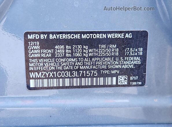 WMZYX1C03L3L71575 2020 MINI COOPER Серый Вид наклейки с VIN-кодом