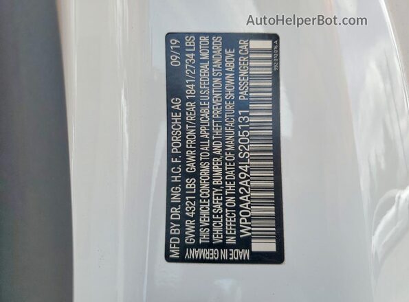 WP0AA2A94LS205131 2020 PORSCHE 911 White Engine compartment view