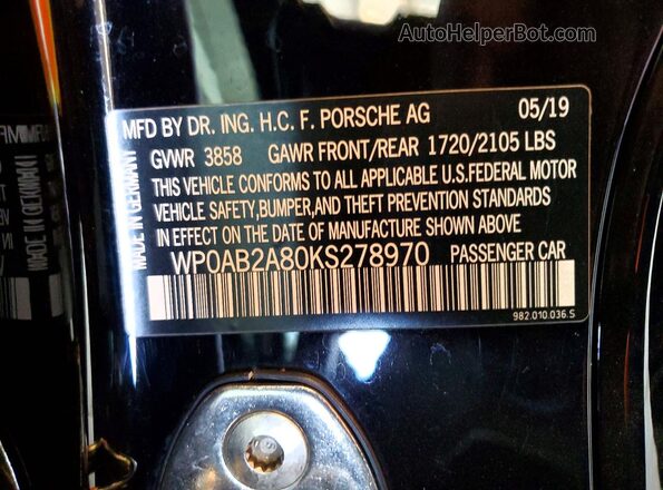 WP0AB2A80KS278970 2019 PORSCHE CAYMAN Черный Вид наклейки с VIN-кодом
