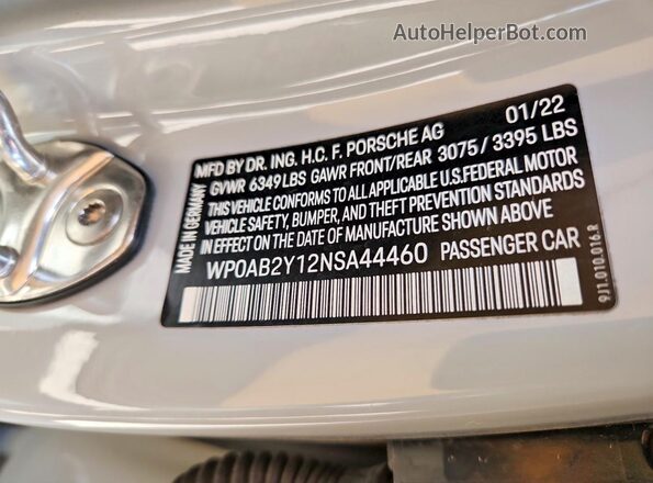 WP0AB2Y12NSA44460 2022 PORSCHE TAYCAN Gray Widok naklejki z numerem VIN