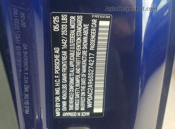 WP0AC2A96SS274217 2025 PORSCHE 911 Blue Widok komory silnika