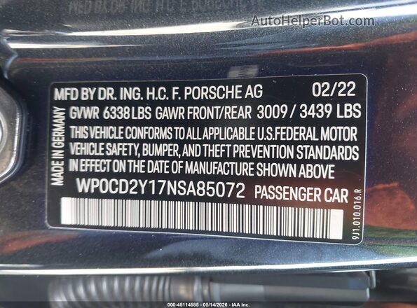 WP0CD2Y17NSA85072 2022 PORSCHE TAYCAN Gray Շարժիչի բաժամունքի տեսք