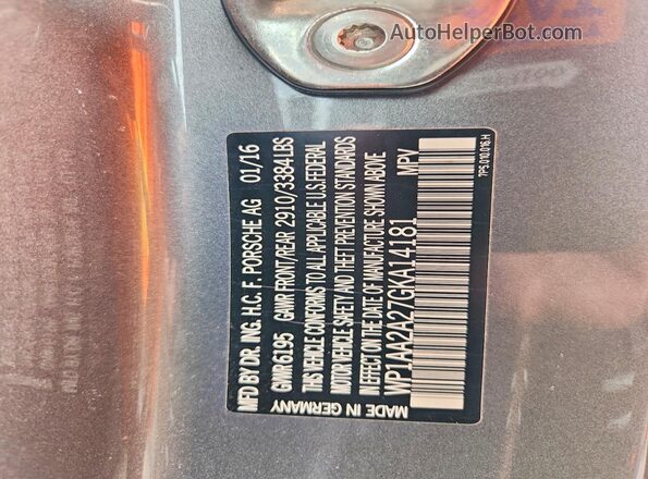 WP1AA2A27GKA14181 2016 PORSCHE CAYENNE Серый Вид наклейки с VIN-кодом