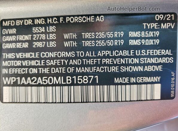 WP1AA2A50MLB15871 2021 PORSCHE MACAN Серебряный Вид наклейки с VIN-кодом