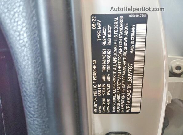 WP1AA2A51NLB09787 2022 PORSCHE MACAN Gray Vista de la etiqueta del VIN