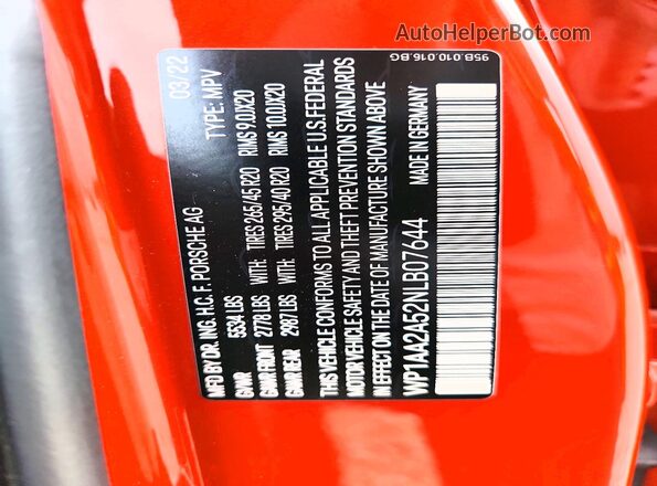 WP1AA2A52NLB07644 2022 PORSCHE MACAN Оранжевый Панорамный вид салона 360°