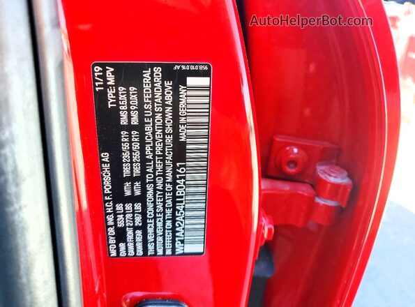 WP1AA2A54LLB04161 2020 PORSCHE MACAN Red Вид наклейки з VIN-кодом
