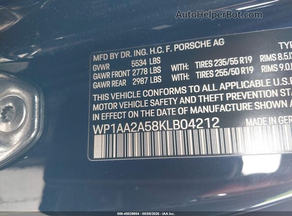 WP1AA2A58KLB04212 2019 PORSCHE MACAN Синий Вид подкапотного пространства