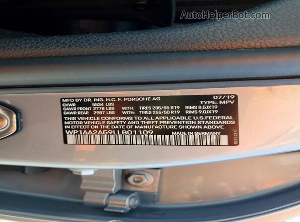 WP1AA2A59LLB01109 2020 PORSCHE MACAN Серебряный Панорамный вид салона 360°