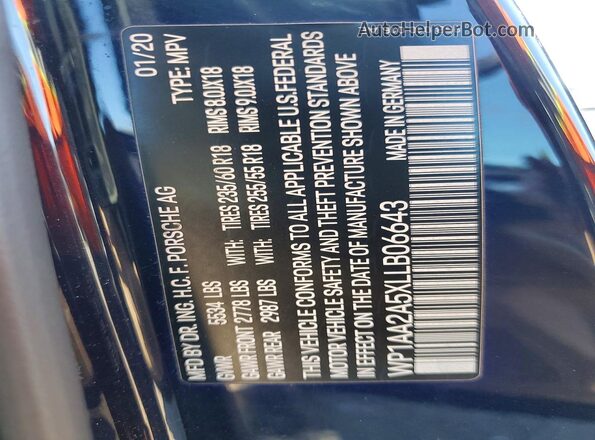 WP1AA2A5XLLB06643 2020 PORSCHE MACAN Blue Widok naklejki z numerem VIN