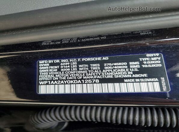 WP1AA2AY0KDA12578 2019 PORSCHE CAYENNE Black Widok naklejki z numerem VIN
