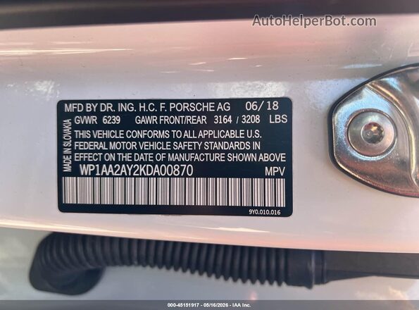 WP1AA2AY2KDA00870 2019 PORSCHE CAYENNE White Vista del compartimento del motor