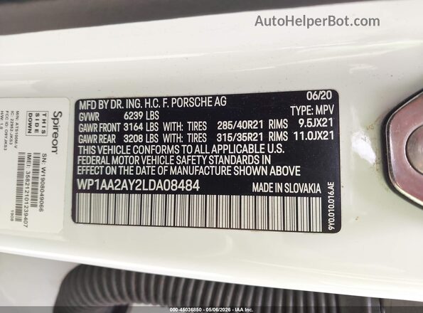 WP1AA2AY2LDA08484 2020 PORSCHE CAYENNE Белый Вид подкапотного пространства