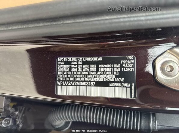 WP1AA2AY2MDA03187 2021 PORSCHE CAYENNE Коричневый Вид подкапотного пространства