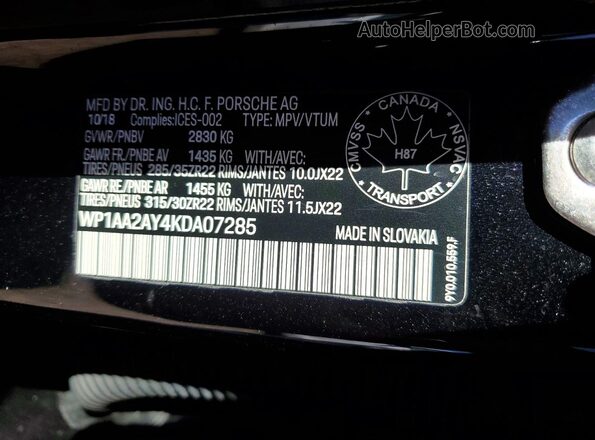 WP1AA2AY4KDA07285 2019 PORSCHE CAYENNE Black VIN sticker view