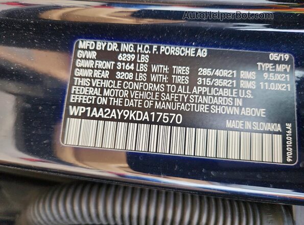 WP1AA2AY9KDA17570 2019 PORSCHE CAYENNE Угольный Панорамный вид салона 360°