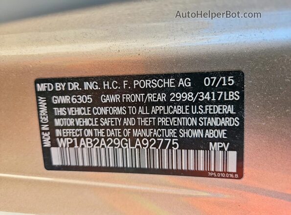 WP1AB2A29GLA92775 2016 PORSCHE CAYENNE Желто-коричневый Вид наклейки с VIN-кодом