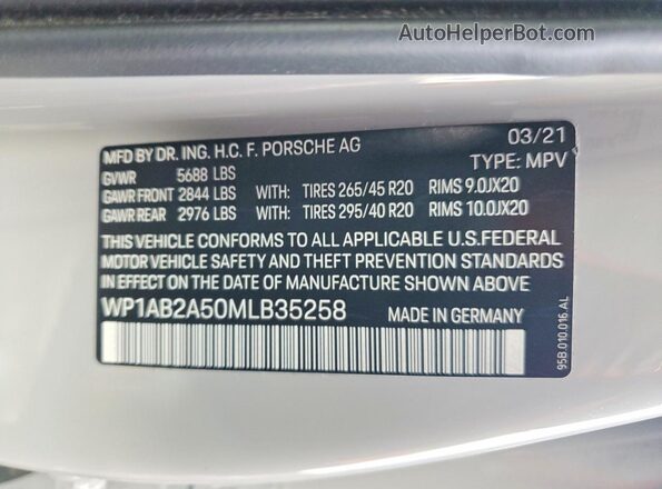 WP1AB2A50MLB35258 2021 PORSCHE MACAN Серый Вид наклейки с VIN-кодом