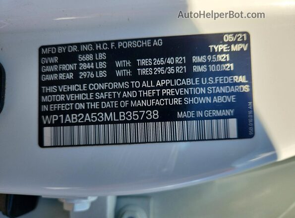 WP1AB2A53MLB35738 2021 PORSCHE MACAN Белый Вид наклейки с VIN-кодом
