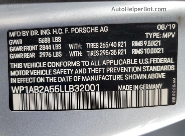 WP1AB2A55LLB32001 2020 PORSCHE MACAN Silver Vista interior de 360 grados