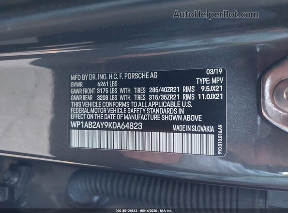 WP1AB2AY9KDA64823 2019 PORSCHE CAYENNE Серый Вид подкапотного пространства