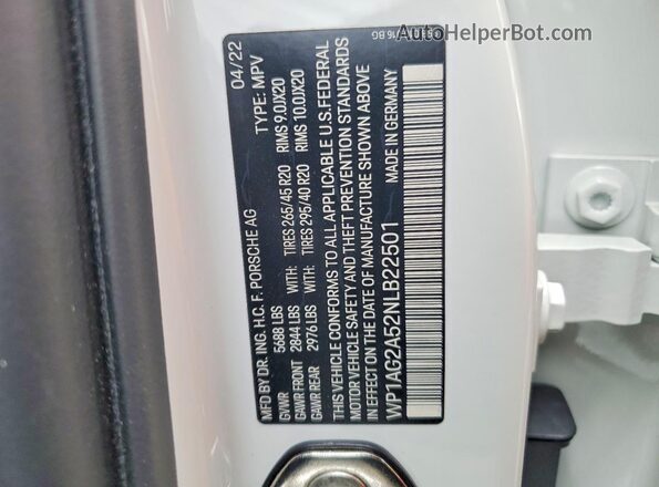 WP1AG2A52NLB22501 2022 PORSCHE MACAN Белый Вид наклейки с VIN-кодом