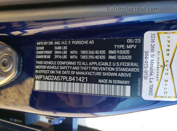 WP1AG2A57PLB41421 2023 PORSCHE MACAN Синий Вид наклейки с VIN-кодом