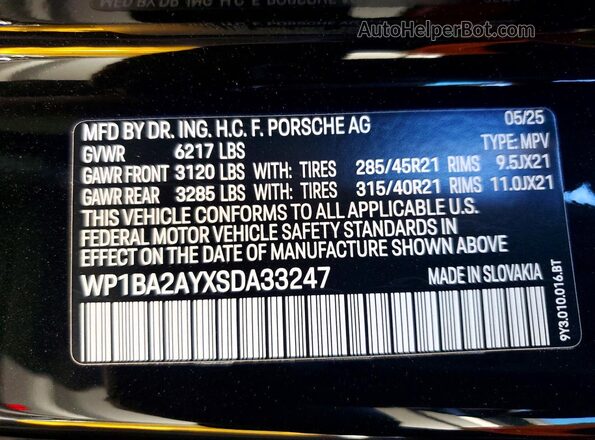 WP1BA2AYXSDA33247 2025 PORSCHE CAYENNE Черный Панорамный вид салона 360°