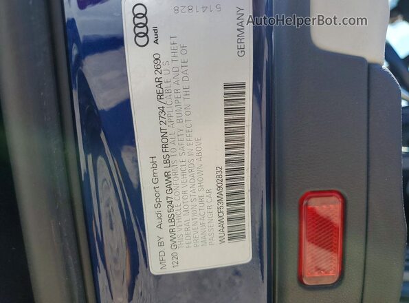 WUAAWCF53MA902832 2021 AUDI RS5 Синий Вид наклейки с VIN-кодом