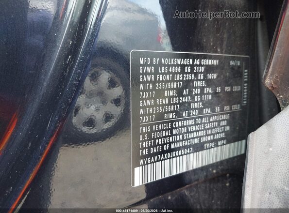 WVGAV7AX0JK005047 2018 VOLKSWAGEN TIGUAN Черный Вид подкапотного пространства