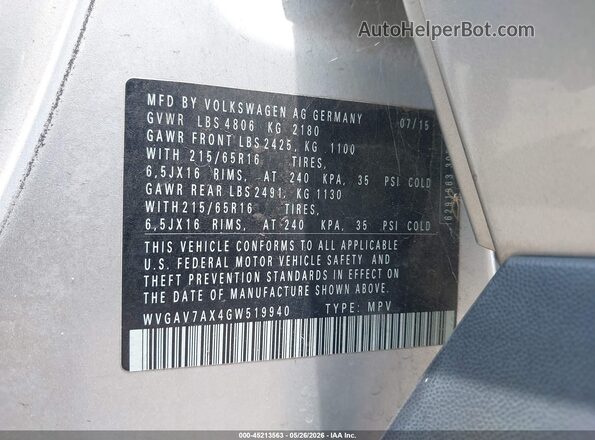 WVGAV7AX4GW519940 2016 VOLKSWAGEN TIGUAN Серебряный Вид подкапотного пространства