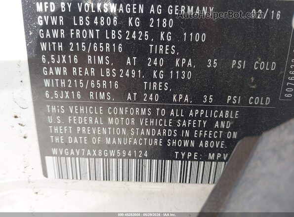 WVGAV7AX8GW594124 2016 VOLKSWAGEN TIGUAN White Вид підкапотного простору