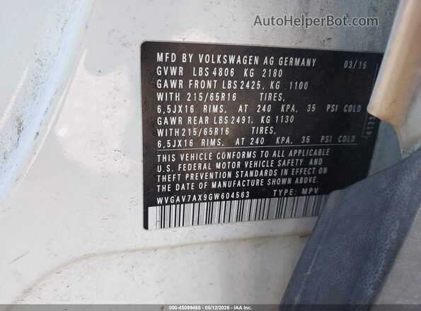 WVGAV7AX9GW604563 2016 VOLKSWAGEN TIGUAN White Widok komory silnika