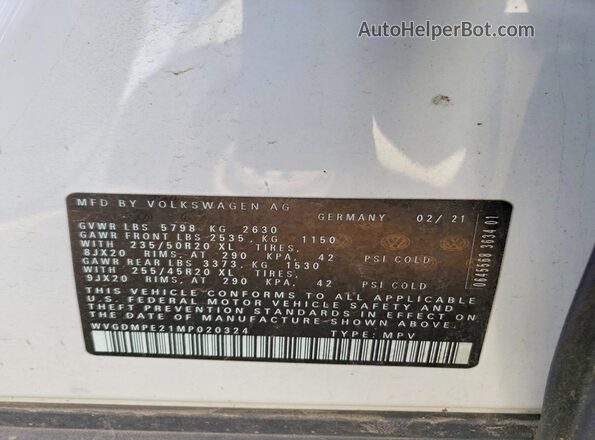 WVGDMPE21MP020324 2021 VOLKSWAGEN ID.4 White VIN կոդի պիտակի տեսք